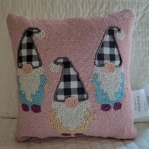 Beaded pink throw  pillow with 3  plaid hatted Gnomes 12x12 by Sage imports
